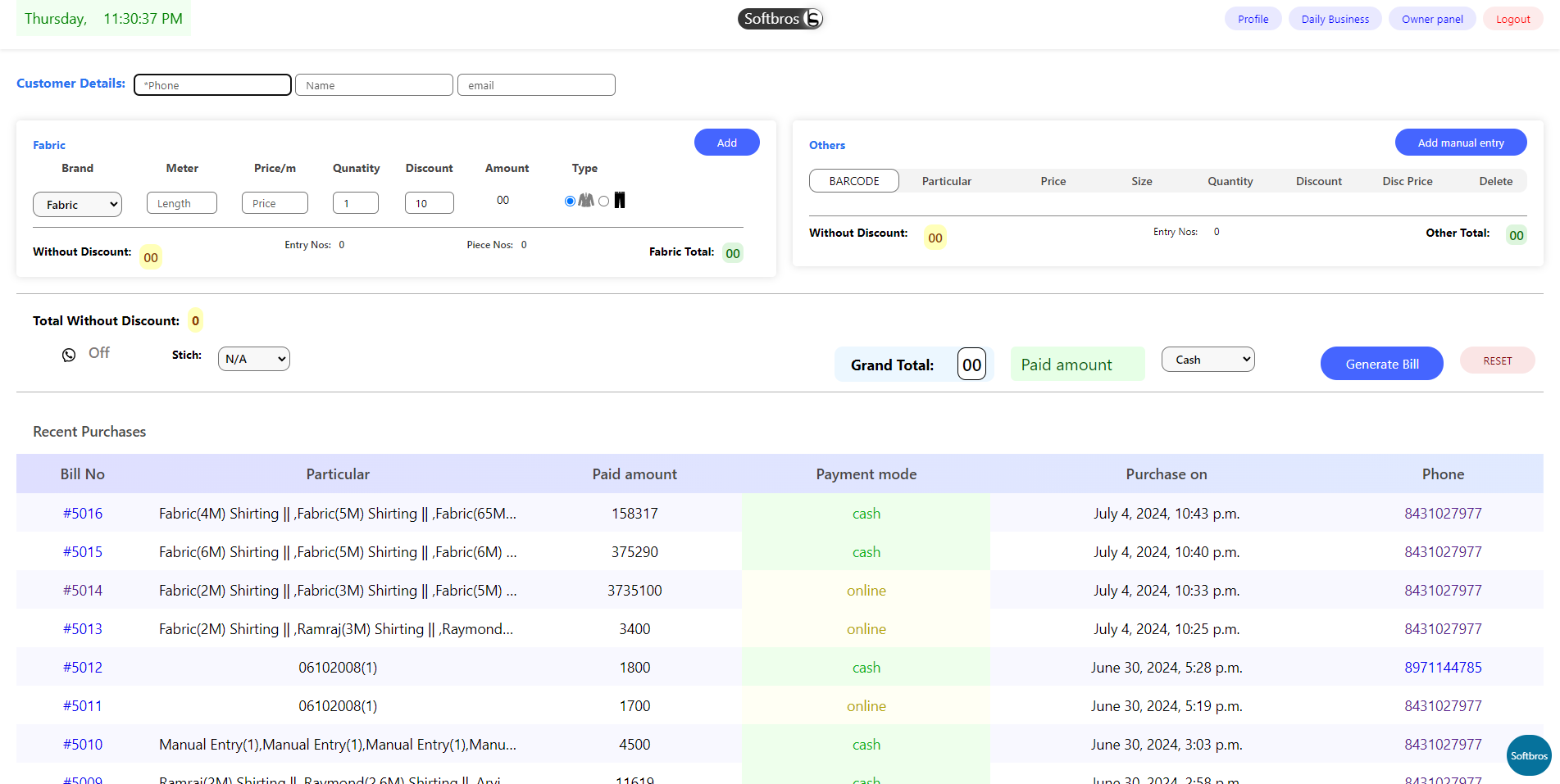 Softbros Commercial Billing & POS Software Dashboard Preview